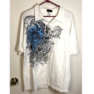 Vintage Miami Ink Skull Tattoo Graphic Tee Men’s XL White Blue Y2K